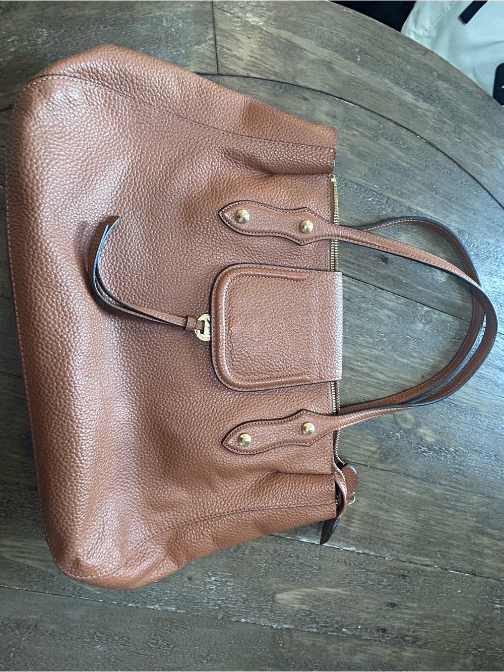 Pebbled Leather Shoulder Tote in Brown with Gold Hardware - Picture 6 of 6